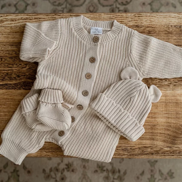 Knitted Sleep Suit, Hat & Booties Set - Organic Cotton