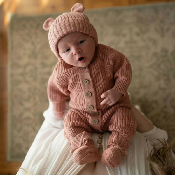 Knitted Sleep Suit, Hat & Booties Set - Organic Cotton