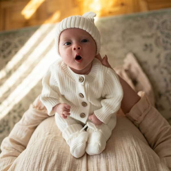 Knitted Sleep Suit, Hat & Booties Set - Organic Cotton