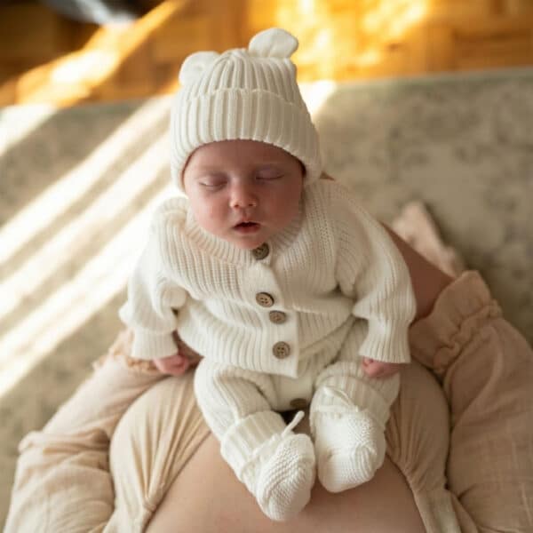 Knitted Sleep Suit, Hat & Booties Set - Organic Cotton