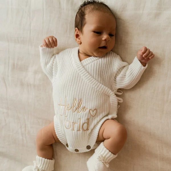 Knitted Legless Hello World Romper, Hat & Booties Set - Organic Cotton