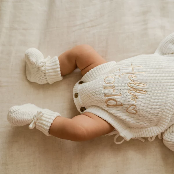 Knitted Legless Hello World Romper, Hat & Booties Set - Organic Cotton