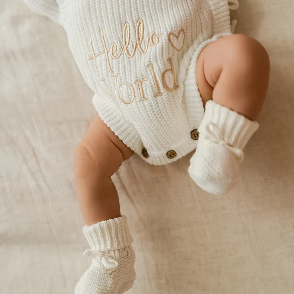 Knitted Legless Hello World Romper, Hat & Booties Set - Organic Cotton