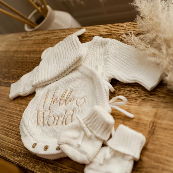 Knitted Legless Hello World Romper, Hat & Booties Set - Organic Cotton