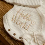 Knitted Legless Hello World Romper, Hat & Booties Set - Organic Cotton