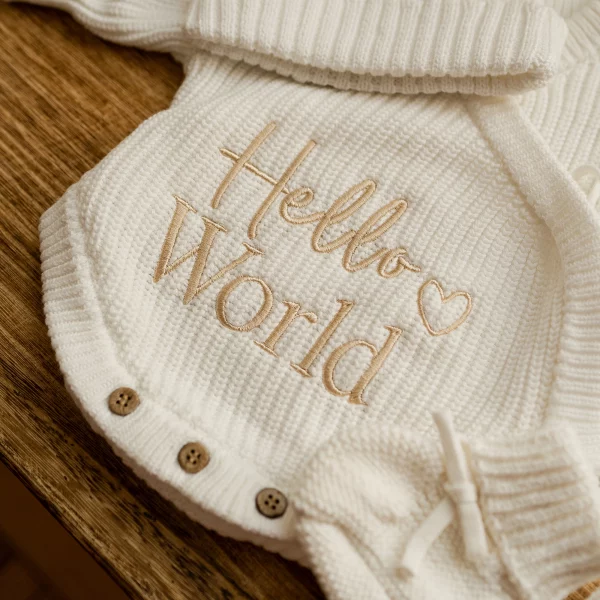 Knitted Legless Hello World Romper, Hat & Booties Set - Organic Cotton