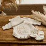 Knitted Legless Hello World Romper, Hat & Booties Set - Organic Cotton