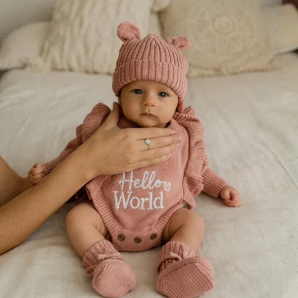 Knitted Legless Hello World Romper, Hat & Booties Set - Organic Cotton