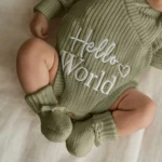 Knitted Legless Hello World Romper, Hat & Booties Set - Organic Cotton
