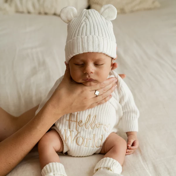Knitted Legless Hello World Romper, Hat & Booties Set - Organic Cotton