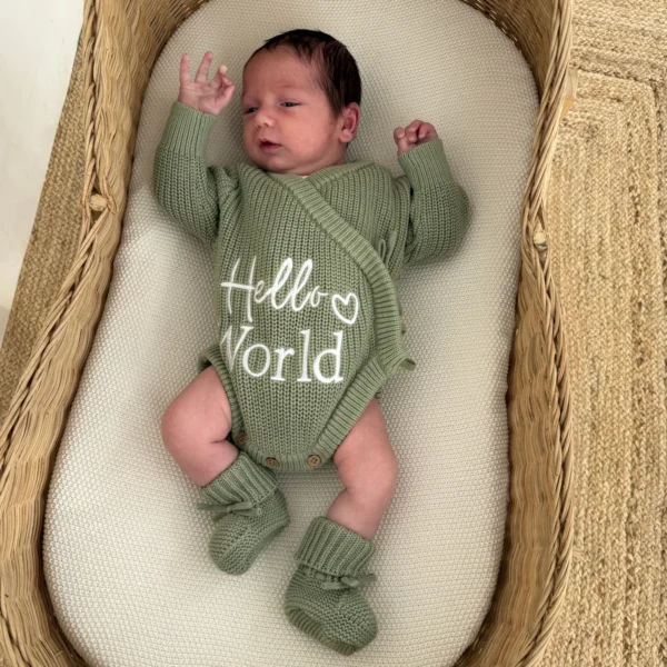 Knitted Legless Hello World Romper, Hat & Booties Set - Organic Cotton